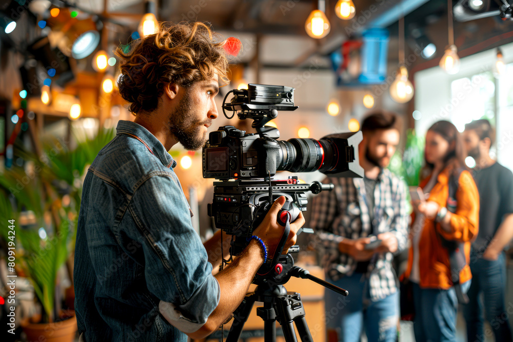 Creative Multicultural Film Crew in Vibrant Studio Led by White Male Videographer with Camera Surrounded by Lights and Colleagues Reviewing Notes Creative Multicultural Film Crew in Vibrant Studio Led by White Male Videographer with Camera Surrounded by Lights and Colleagues Reviewing Notes