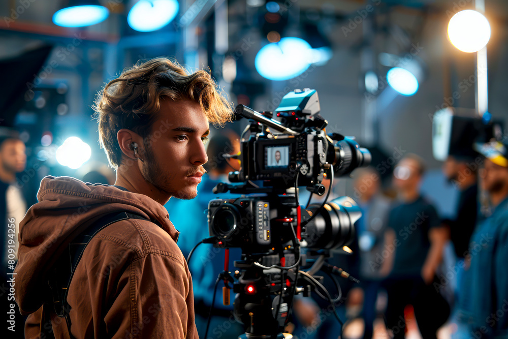 Creative Production Team in a Vibrant Studio Led by a Caucasian Videographer Surrounded by Lighting Gear and Collaborating on Project Plans Creative Production Team in a Vibrant Studio Led by a Caucasian Videographer Surrounded by Lighting Gear and Collaborating on Project Plans