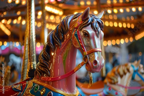 A detailed view of a brightly painted carousel horse on a merry go round, A colorful carousel with brightly painted horses and twinkling lights