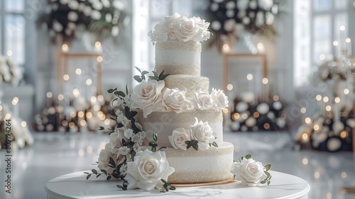   A three-tiered wedding cake, adorned with white flowers, sits on a table in a candlelit room draped with garlands