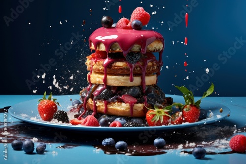 Tantalizing stack of pancakes adorned with fresh berries and dynamic syrup splash