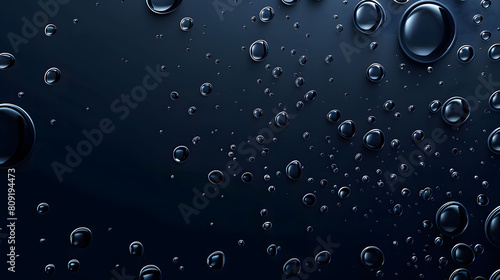 Macro shot of water droplets on a dark glossy surface. Close-up photography ideal for backgrounds in science and technology design photo
