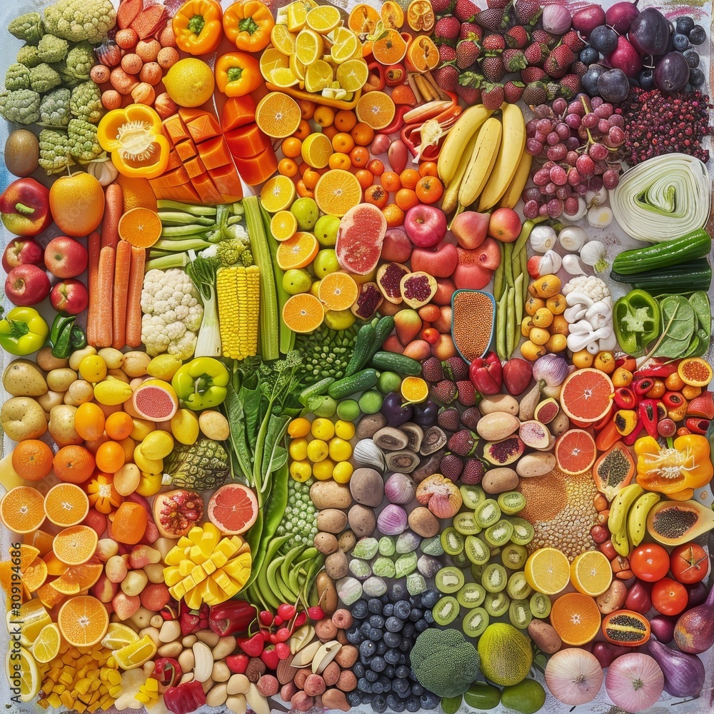 Colorful variety of fresh fruits and vegetables in a vibrant display, A colorful collage of various organic foods arranged in a visually pleasing manner Colorful variety of fresh fruits and vegetables in a vibrant display, A colorful collage of various organic foods arranged in a visually pleasing manner