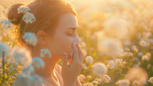 Young Girl with Pollen Allergies in Summer Wildflower Field - Close-Up Portrait, Allergy Season, Floral Beauty