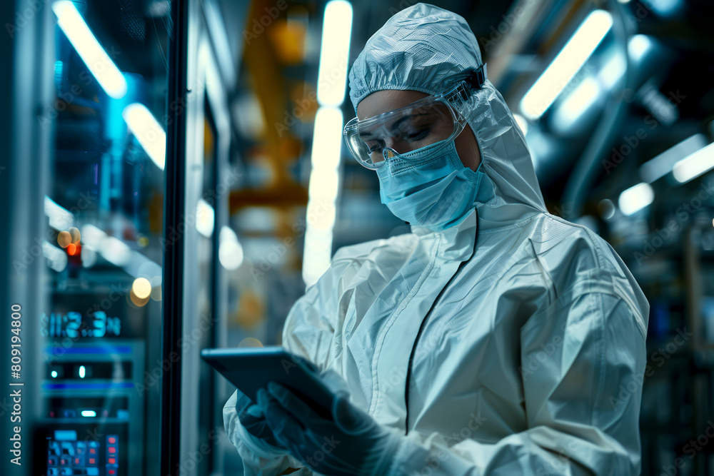 Tech-Savvy Woman Monitoring Conditions in Electronics Factory with Robots Using Tablet in Protective Gear Female Technician Ensuring Safety in Modern Manufacturing Complex