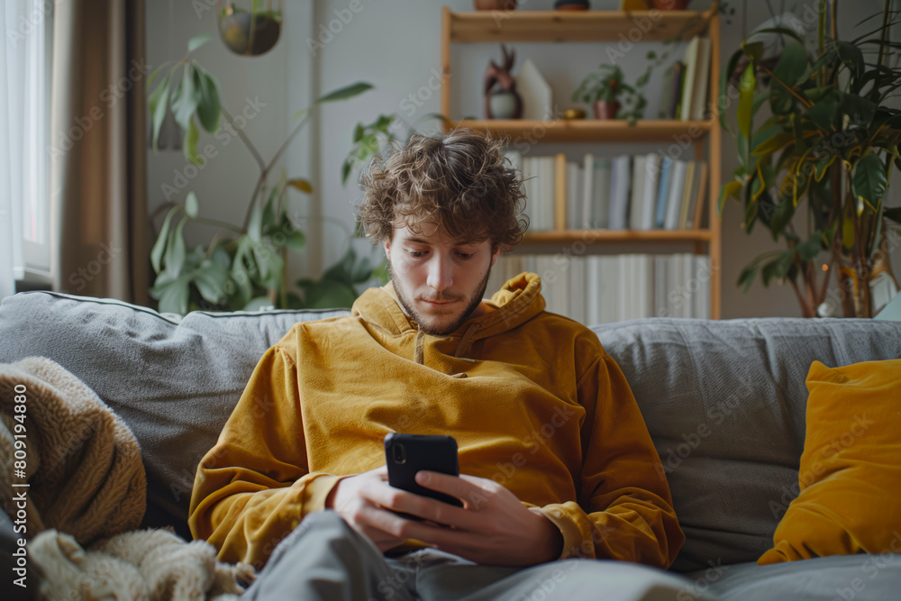 Cheerful Caucasian Man Relaxing on Sofa at Home Enjoying Social Media on Smartphone in Cozy Living Room