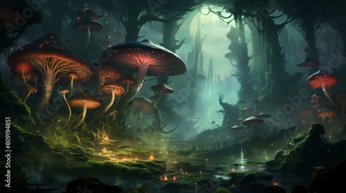 Magical Mushroom Grove In Misty Fantasy Landscape At Twilight. Generative AI
