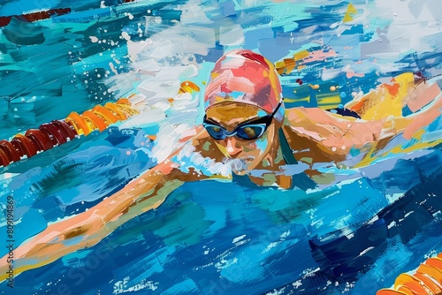 A painting of a woman swimming gracefully in a pool, captured in vibrant colors, A colorful composition of a female swimmer doing laps in a pool photo