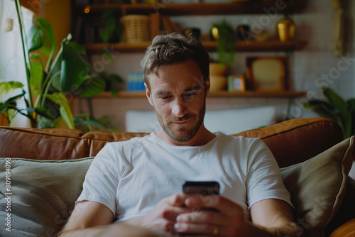 Joyful Caucasian Man Relaxing on Sofa Engaging with Social Media on Smartphone in Cozy Living Room