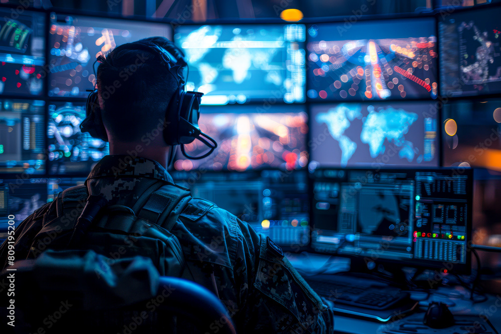 Central Cyber Hub: Military Surveillance Officer Tracking City Operations for National Security and Army Communications