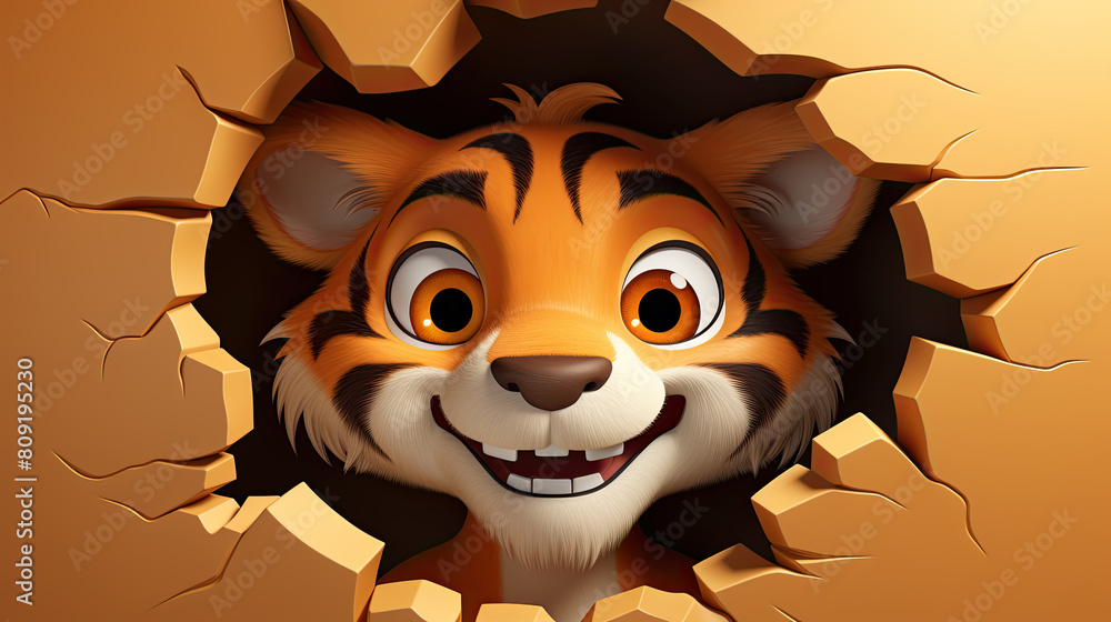 Obraz premium generated illustration of cute Tiger peeking out of a hole in yellow cracked wall, copy space