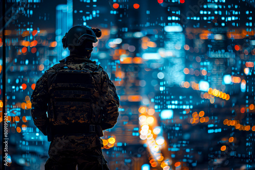 Central Cyber Command: Military Surveillance Officer Monitoring City Operations for National Security and Army Communications photo