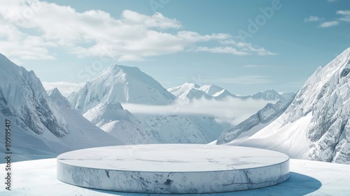 Abstract 3d render platform and ice podium background on ice snow mountain with ice river for product stand display advertising cosmetic beauty products or skincare with empty round stage