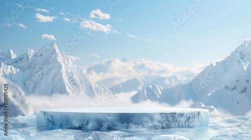 Abstract 3d render platform and ice podium background on ice snow mountain with ice river for product stand display advertising cosmetic beauty products or skincare with empty round stage