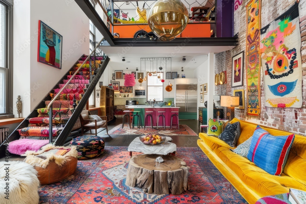 A colorful living room packed with a variety of vibrant furniture pieces, creating a lively and eclectic atmosphere, A colorful, eclectic urban townhouse with a rooftop garden A colorful living room packed with a variety of vibrant furniture pieces, creating a lively and eclectic atmosphere, A colorful, eclectic urban townhouse with a rooftop garden