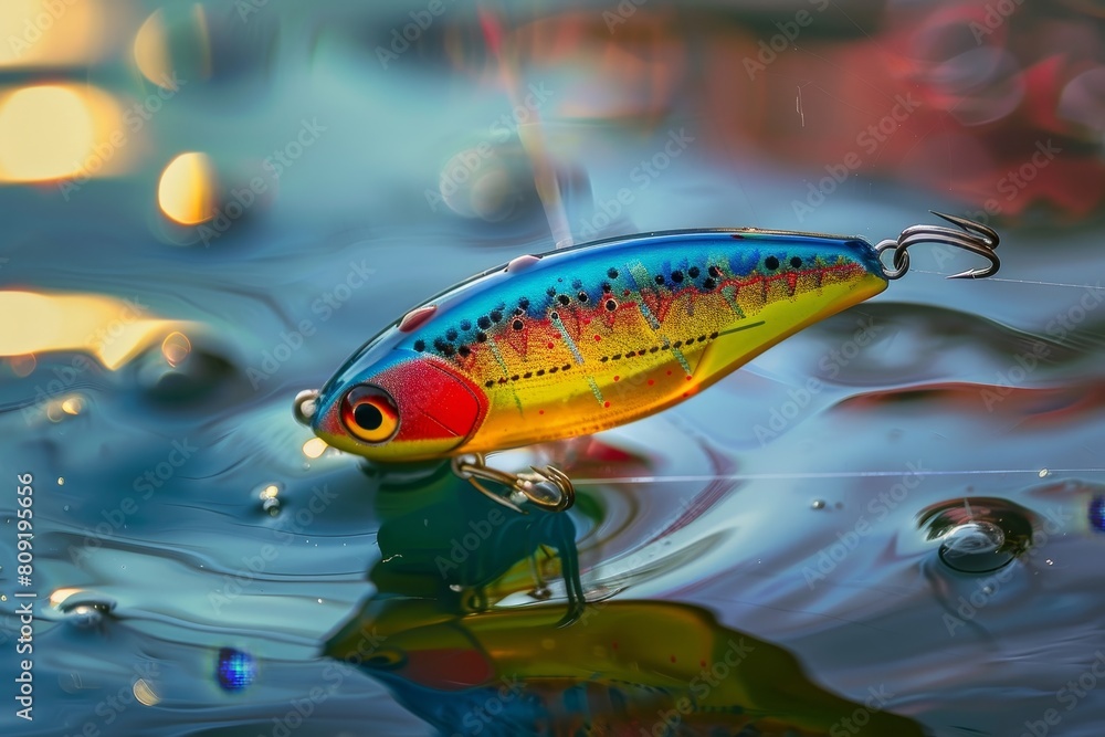 A colorful fishing lure floats on the waters surface, attracting potential catches with its vibrant hues, A colorful fishing lure dangling temptingly in the water A colorful fishing lure floats on the waters surface, attracting potential catches with its vibrant hues, A colorful fishing lure dangling temptingly in the water