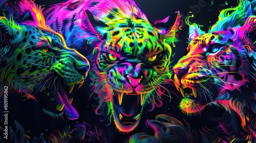 Colorful art or decor painting with lion muzzle. Colorful psychedelic neon painting