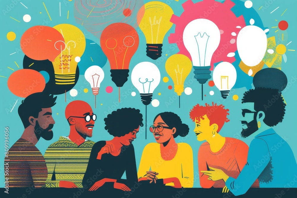 Obraz premium Diverse Team Brainstorming Under Hanging Light Bulbs, A colorful illustration of a multicultural team exchanging ideas in a professional environment