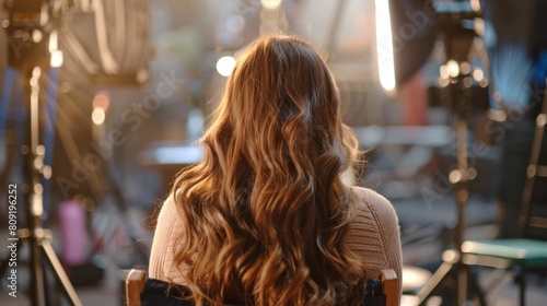 Back view of a woman with wavy hair sitting in a director s chair on a film set.