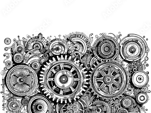 Complex mechanism in a cube. Sketch board imitation. Raster, generative ai.