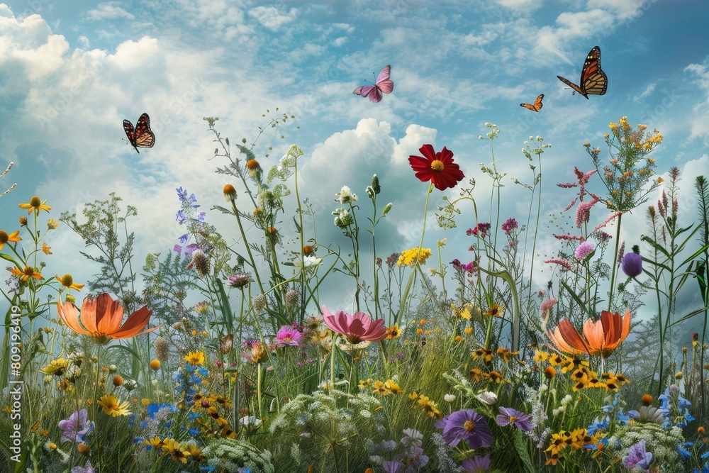 Obraz premium A field filled with vibrant wildflowers as butterflies flutter through the sky, A colorful meadow full of wildflowers and butterflies