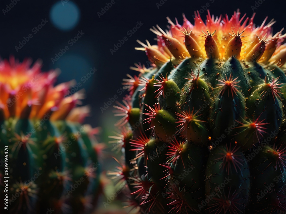 Cactuses in a pot with colorful flowers on a dark glow background, selective focus. Close-up. Cactuses in a pot with colorful flowers on a dark glow background, selective focus. Close-up.