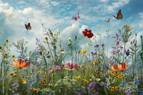 A field filled with vibrant wildflowers as butterflies flutter through the sky  A colorful meadow full of wildflowers and butterflies