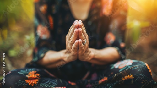 Woman practicing yoga in a meditative pose with hands joined, outdoor setting with natural backdrop