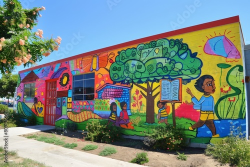 Colorful mural featuring educational themes painted on the side of a city building, A colorful mural depicting the importance of education in a community © Iftikhar alam
