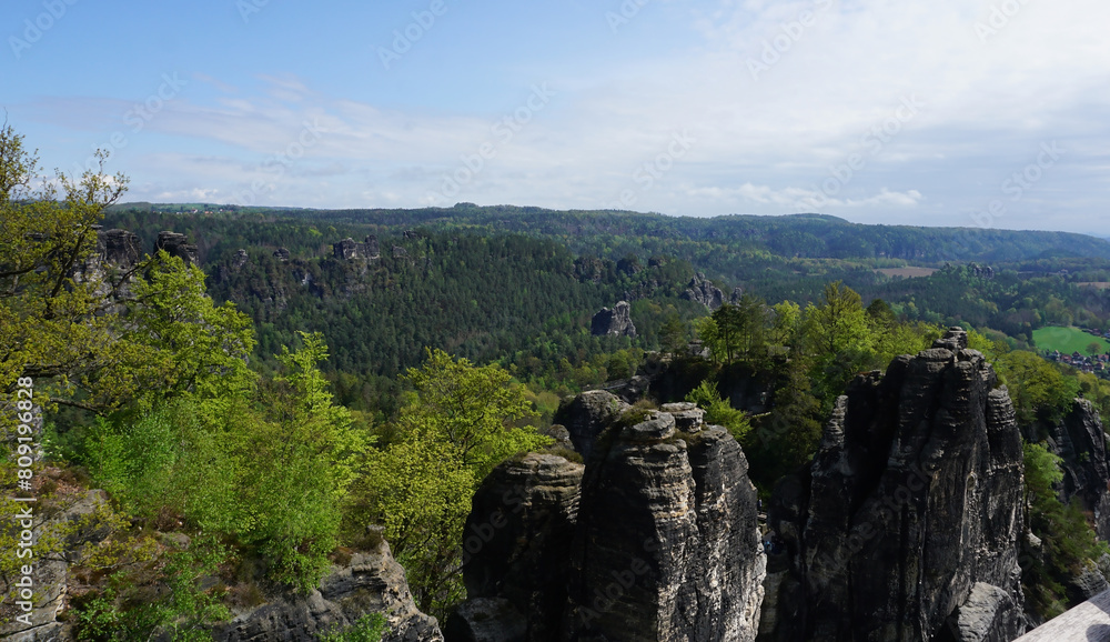 Beautiful summer view of Elbe river from Bastei view pont. Colorful morning scene of Saxon Switzerland national park, Germany, Europe. Beautiful summer view of Elbe river from Bastei view pont. Colorful morning scene of Saxon Switzerland national park, Germany, Europe.