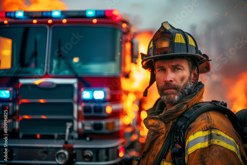Determined firefighter with fire truck and burning background