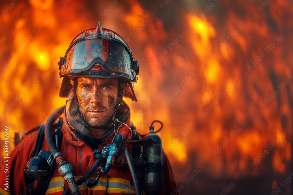 Close-up of a firefighter against raging fire, with copy space Close-up of a firefighter against raging fire, with copy space