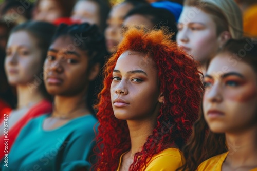 Diverse group of women with vibrant red hair standing together, A colorful representation of the diverse student body on campus