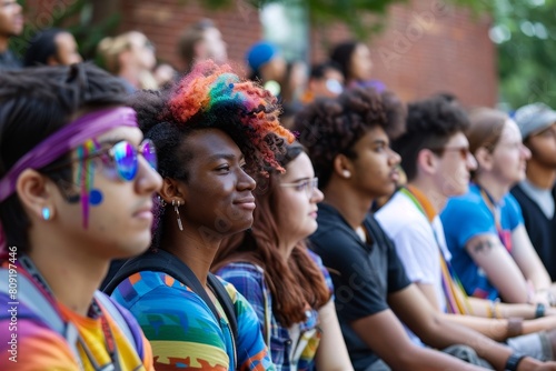 A group of people with diverse backgrounds sitting closely next to each other in a colorful setting, A colorful representation of the diverse student body on campus