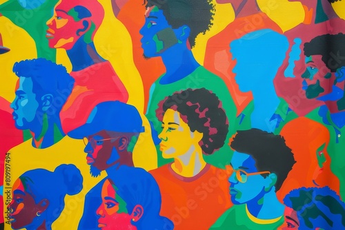 A painting featuring a variety of people in colorful attire, showcasing diversity through vivid hues, A colorful representation of the diverse student body on campus