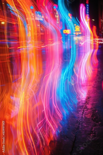 A city street with neon lights and cars