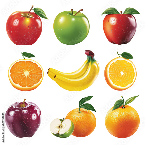 A vector illustration of a collection of world-favorite fruits including apples, bananas, and oranges, each rendered in high resolution and isolated on a white background