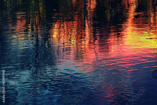 Trees reflected in colorful sunset on calm water surface, A colorful sunset reflecting off the tranquil waters