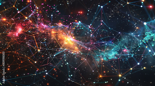 A digital galaxy with stars connected by multicolored plexus strands in a dark space.