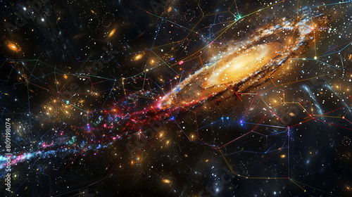 A digital galaxy with stars connected by multicolored plexus strands in a dark space.