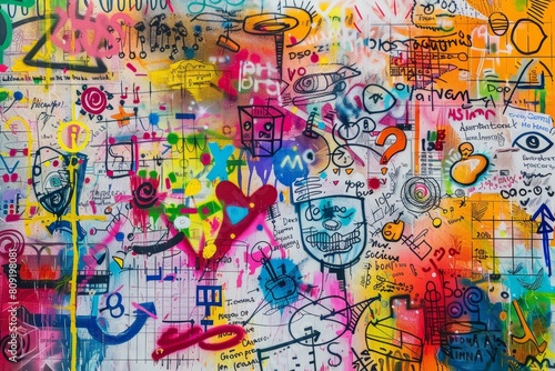 A painting featuring a plethora of different colors in various patterns and shapes  A colorful whiteboard covered in equations and doodles