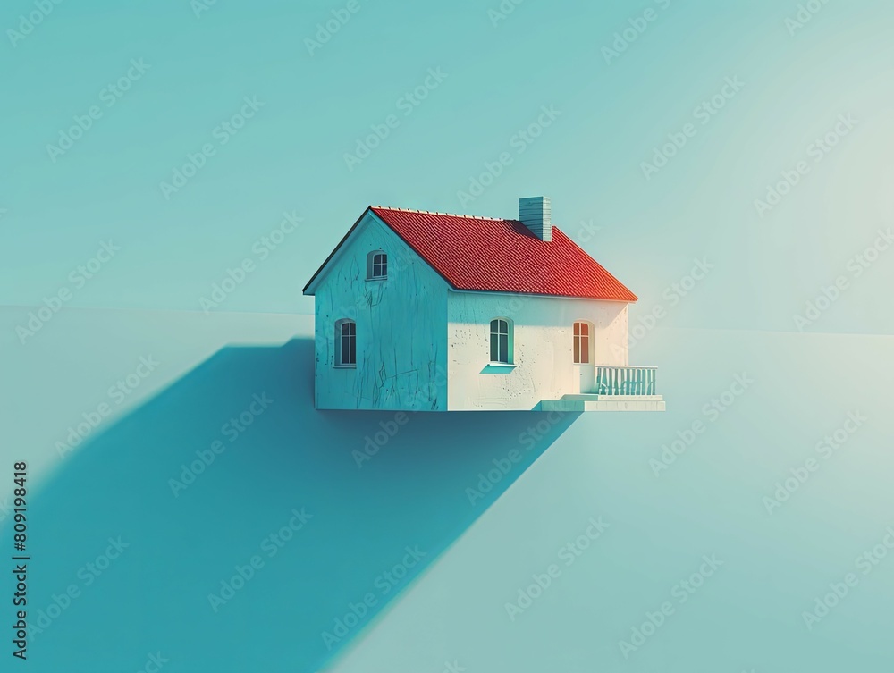 Isolated house with long shadow on blue backdrop - An isolated, quaint house casting a long shadow, illustrating loneliness or contemplation on a blue backdrop Isolated house with long shadow on blue backdrop - An isolated, quaint house casting a long shadow, illustrating loneliness or contemplation on a blue backdrop