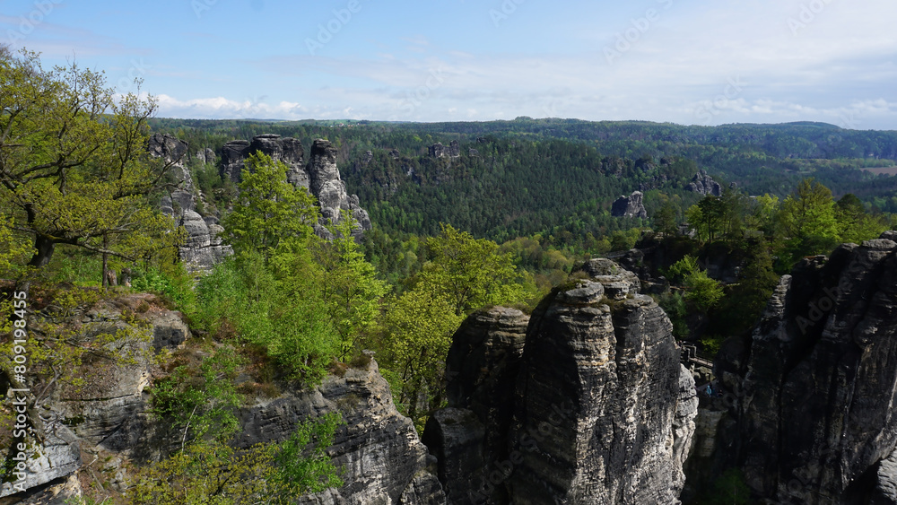 Beautiful summer view of Elbe river from Bastei view pont. Colorful morning scene of Saxon Switzerland national park, Germany, Europe. Beautiful summer view of Elbe river from Bastei view pont. Colorful morning scene of Saxon Switzerland national park, Germany, Europe.