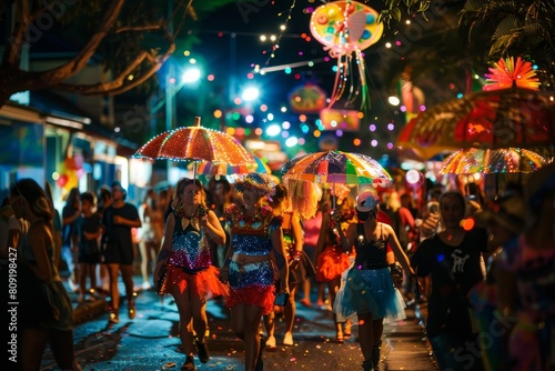 A group of individuals walking together down a street, each holding an umbrella, A community coming together for a festive parade photo