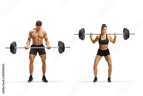 Male and female bodybuilders doing weight training