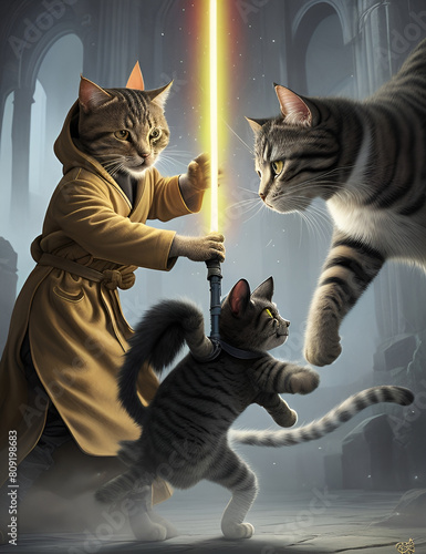 jedi cats duel, A cat in a robe holding a lightsaber on a blurred dark background. Fantasy art style. photo