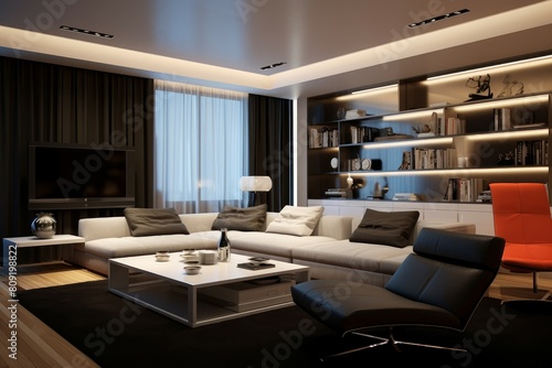 Elegant and cozy modern living room with soft lighting and contemporary furniture