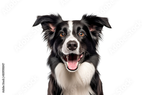 Captivating Canine Charm Head Shot of a Black and White Border Collie, Engagingly Panting and Locking Eyes with the Camera on transparent background