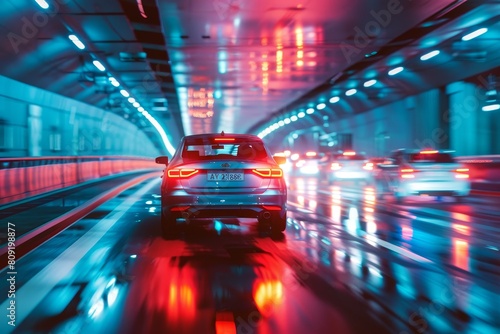 A compact car maneuvers through a tunnel at night, surrounded by neon lights, A compact car weaving through traffic in a neon-lit urban tunnel