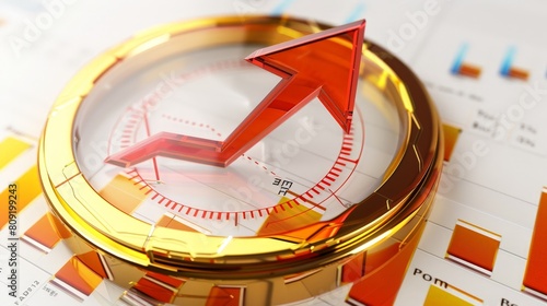 direction for business success, In 3D, a circular semi transparent ground glass compass textured golden tray with a large red arrow pointing upwards, charts and data, with a clean white background.  photo